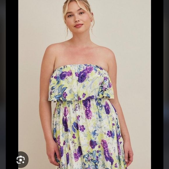 floral strapless challis maxi dress flowy boho bohemian eccentric hippie - Picture 1 of 4